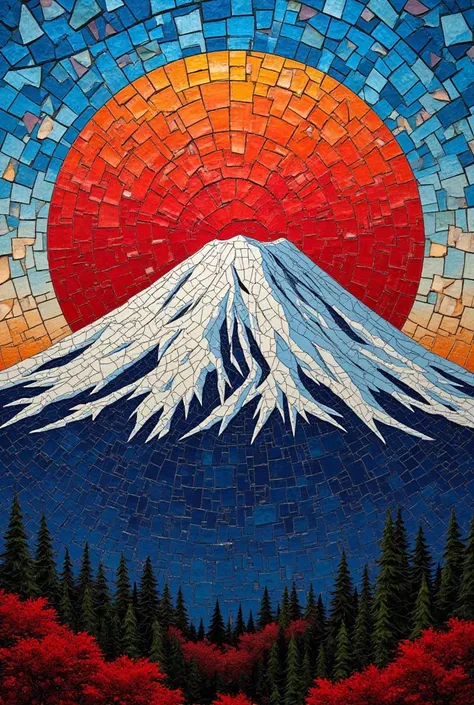 Mount Fuji, glorious painterly patchwork art piece made from colorful broken glass shards, effective effects, bold and dynamic, contrasts of light and shadow, 2.5D, artistic photography, hyper realistic, ultra detailed, absolutely resolution, masterpiece