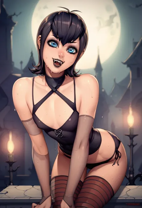 Mavis Dracula from Hotel Transylvania, sexy vampire girl with short black hair, black lips, thick ass, small tits, detailed face, long eyelashes, short black hair, detailed eyes, cute, sexy, punky, gothy, flat chest, beautiful, cute, sweating, wet body, sw...