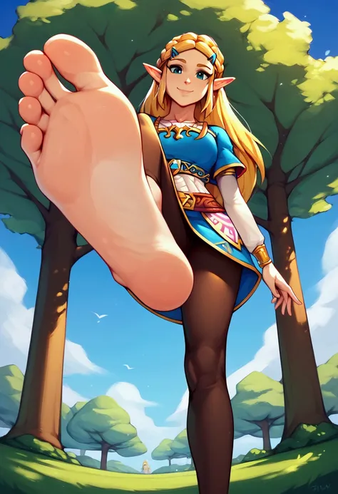 score_9, score_8_up, 1girl, princess zelda, nintendo, the legend of zelda, botw, brown leggings, smile, barefoot, footstomp, soles, toes, foreshortening, view from below, solo, outdoors, blue sky, park background