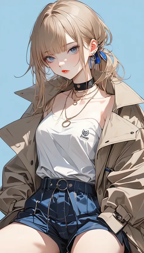 Girl in trench coat and super shorts, japanese streetwear, 耳Nipple Ring，choker necklace，Red and blue simple background, Super handsome sitting position，Trend illustration，Simple background，7 points，Master masterpieces，HighestQuali，Super meticulous，