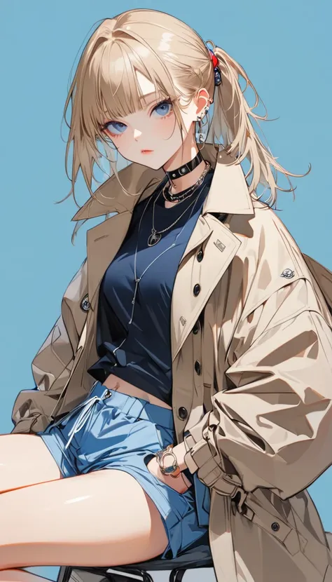 Girl in trench coat and super shorts, japanese streetwear, 耳Nipple Ring，choker necklace，Red and blue simple background, Super handsome sitting position，Trend illustration，Simple background，7 points，Master masterpieces，HighestQuali，Super meticulous，