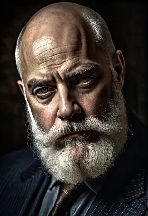 a 50 year old bald man with long white beard, detailed facial features, serious expression, cinematic dramatic lighting, cinematic composition, intricate detailed texture, portrait, oil painting, chiaroscuro, dramatic shadows, moody atmosphere, muted color...