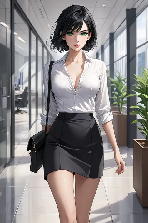  (masterpiece,  best quality, 8k,  high definition ), whole body,  1 girl ,  short black hair, Mid-chest,  soft Green Eyes ,  soft lips , Beautiful face,  office clothes including white blouse, black jacket, black skirt,  natural light,  detailed backgroun...