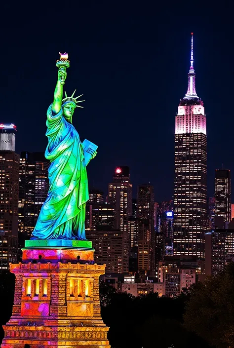 Empire State Building and Statue of Liberty, night view, illuminated, glorious painterly patchwork art piece made from colorful broken glass shards, effective effects, bold and dynamic, contrasts of light and shadow, 2.5D, artistic photography, hyper reali...