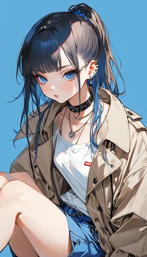 Girl in trench coat and super shorts,random pose, japanese streetwear, 耳Nipple Ring，choker necklace，Red and blue simple background, Super handsome sitting position，Trend illustration，Simple background，7 points，Master masterpieces，HighestQuali，Super meticul...