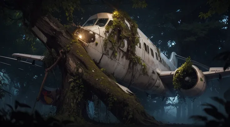 plane,  destroyed . Stuck in the trees.  in a very high place . above do solo.  stuck in the middle of the branches of the trees.  many branches and giant trees . above da terra firma. Under the trees .  colossal trees . plane preso entre as arvores, above...