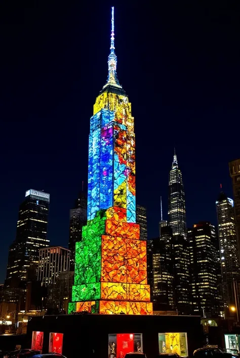 Empire State Building and Statue of Liberty, night view, illuminated, glorious painterly patchwork art piece made from colorful broken glass shards, effective effects, bold and dynamic, contrasts of light and shadow, 2.5D, artistic photography, hyper reali...