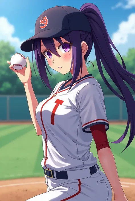 Japanese animation style、High school girl、Baseball uniform 、 Baseball Cap 、left pitcher、Dark Purple Long Hair、single ponytail、 purple pupils、 full breasts 、From Taiwan