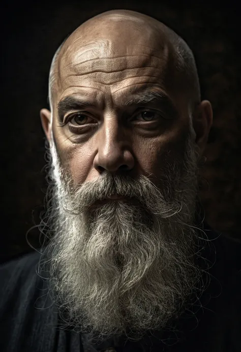 a 53 year old bald man with long white beard, detailed facial features, serious expression, cinematic dramatic lighting, cinematic composition, intricate detailed texture, portrait, oil painting, chiaroscuro, dramatic shadows, moody atmosphere, muted color...