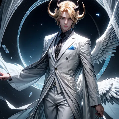 (masculine), An angel boy , big black wings, blonde,  Blue Eyes,(black sclera), (curled horns),  demon tail ,  white dress , white suit,  in a transparent observatory made of glass floating in the atmosphere.