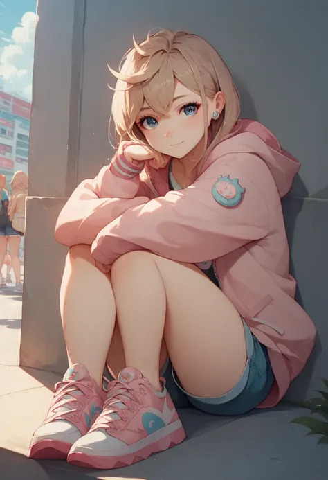 girlสวย, teenager, girl,anime style, beautiful body ,Hooded jacket,Cute bear ear hoodie,light brown hair,cause,shorts,Thick sole sneakers,ถนนharajuku japan