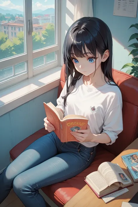 Anime girl, black hair, ice blue eyes, pale skin, black skinny jeans, white shirt, school, sitting, cute, reading 