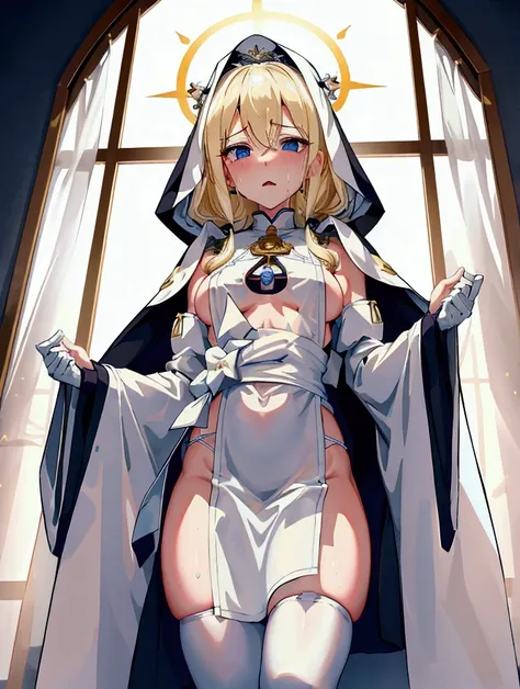  top quality, masterpiece,  super high resolution , female、Large busty、 rocket milk、Moe、美少female、Medium、聖female、Brainwashed Fanatic、 blonde long、White Saint&#39;s Garb、White Veil、Closely fitted to waist contours、White curtains on the crotch、 white knee soc...