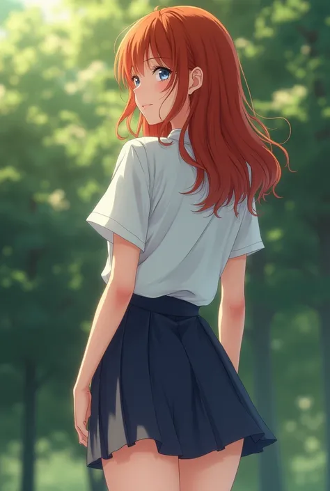 Thick coppery red hair, outdoors, tights, short dark blue pleated skirt, showing the flesh of the ass, back facing backwards, full body, blue eyes, Japanese schoolgirl shirt, 22 years old