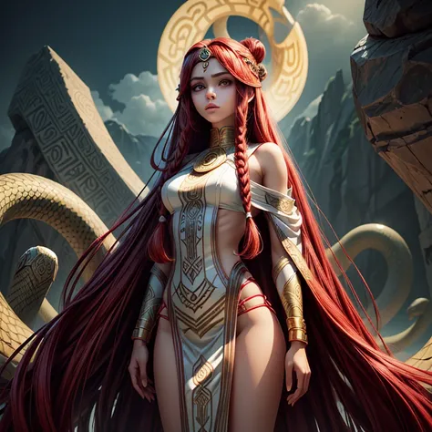 (alone),  a girl with the tips of her hair in the shape of snakes, (HAIR MADE OF SNAKES ), At the ends, (VERTICAL EYE PUPIL),  YOUR LONG, STRAIGHT HAIR , (red hair),  wearing sexy white Egyptian clothes , (standing), (OASIS BACKGROUND ), (whole body)