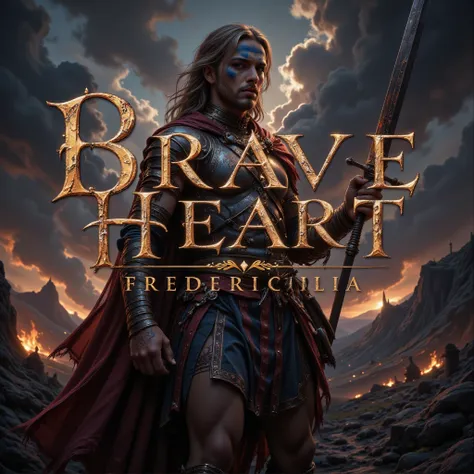 A hyper-realistic, emotional portrayal of William Wallace, the legendary Scottish freedom fighter, standing tall and defiant in the midst of a dramatic and stormy battlefield. His rugged face is smeared with traditional blue war paint, his expression fierc...