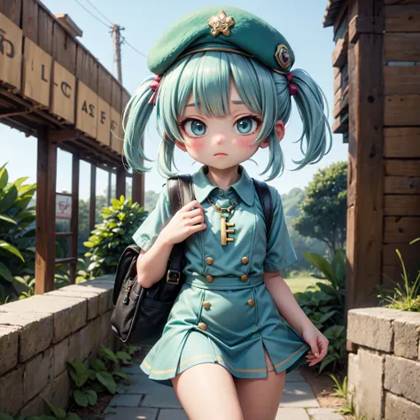 Nitori,  Light Blue Short Twin Tails , Green Beret, green giant bag ,  Light Blue Short Skirt Dress, Chest Strapped Key 