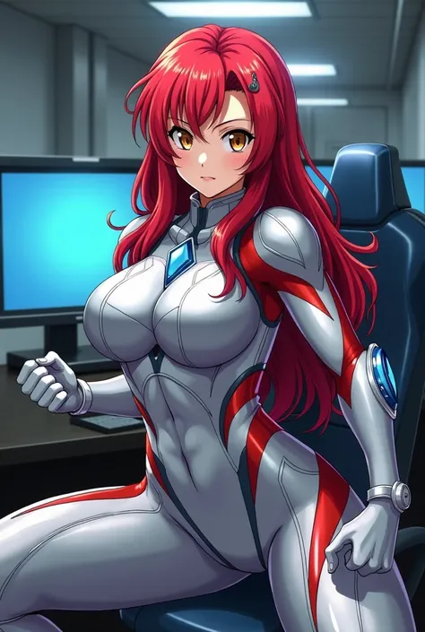   My Hero Academia Style ,   anime girl  , woman, young woman ,  full body shot ,( Fighting Stance :1.3), long hair, Red Hair,   Brown Eyes , hero suit, Full Body Suit, silver suit with red and blue details,  Perfect Anatomy  ,  enhanced abs , super detail...