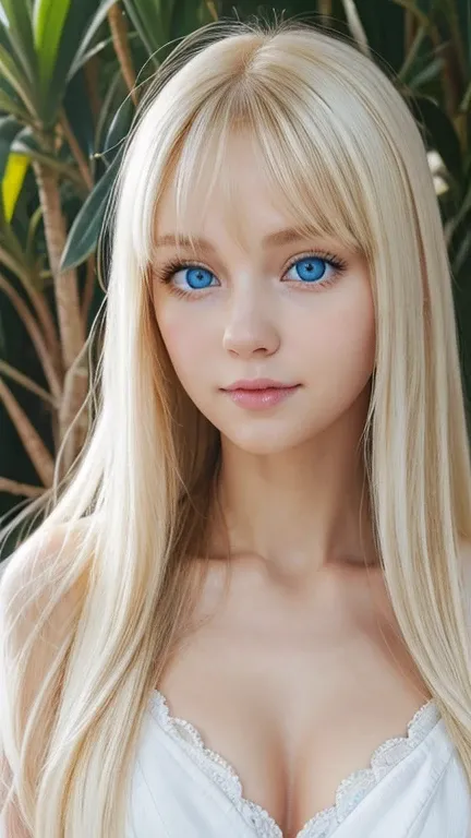  one very white girl 、 very cute appearance 、 high definition 、 very bright white shiny skin 、 very beautiful long bright blonde 、bangs、Very bright blonde、Eye Spacing Bangs 、 super long straight silky hair 、Very long blonde hair、 hair covering one eye 、 sh...