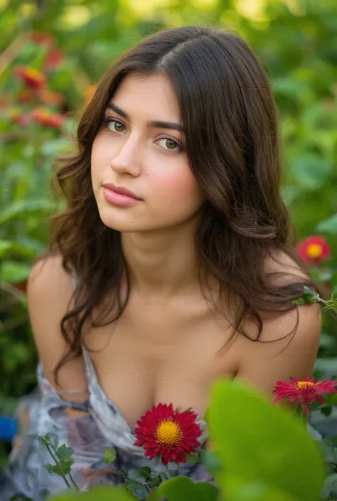 a young woman in a garden, beautiful detailed eyes, beautiful detailed lips, extremely detailed eyes and face, long eyelashes, detailed flower dress, romantic expression, soft natural lighting, vibrant colors, highly detailed, 8k, masterpiece, photorealist...