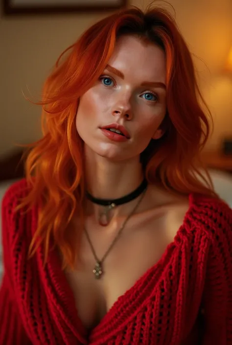 RAW photo, girl with copper red hair, makeup, graphic eyeliner, rouge, choker, realistic skin texture, red oversized knit sweater, softcore, warm lighting, cozy atmosphere, instagram style