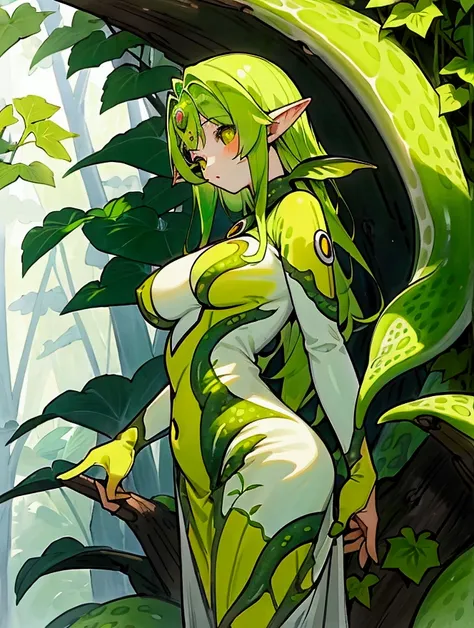  top quality, masterpiece,  super high resolution , female、Green Skin、Medium to large breasts、Moe、Forest Spirit 、Medium、Round rocket breasts、 bright yellow-green hair long 、Waterfront、 Plant Clothing、 Tentacle-like ivy growing from the body、ベアトップ Plant Clo...