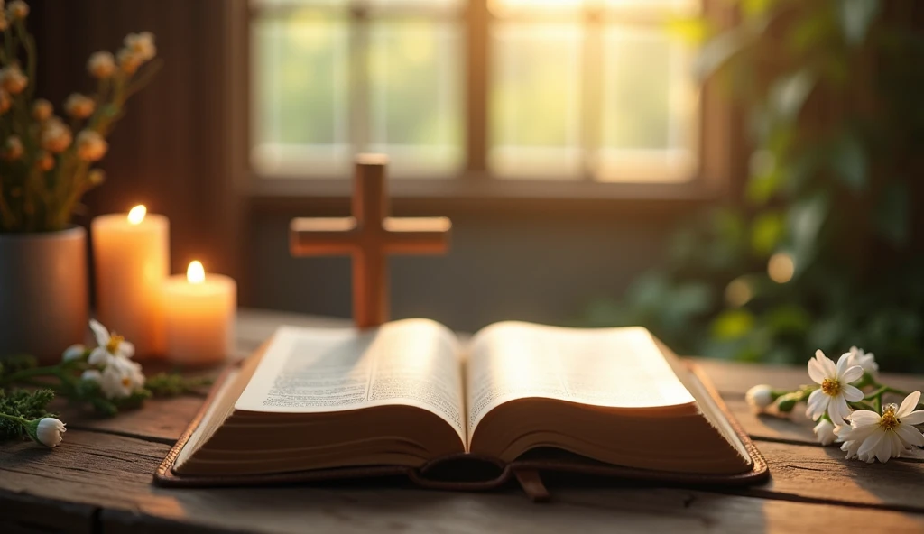 scenario:  A serene and welcoming environment , that evokes the peace and spirituality of Saturday .

 Detailed Visual Description :

Central Element: An open Bible, with a soft light illuminating the pages.  The pages may be slightly yellowed ,  suggestin...