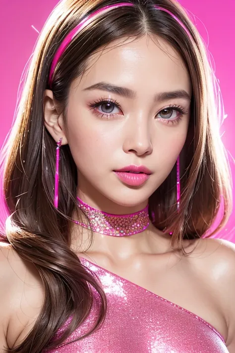 (((Neon Hot Pink lip gloss)))、Sparkling sparkling tight mini skirt（Neon Pink)、 (Skirt comes in 1 color only  :Super neon pink) , Sparkling skin,Sparkling,Sparkling,slimy,(Sparkling thigh-high boots:1.2), Big Spiral Earrings   （Neon Hot Pink)、Sparkling very...