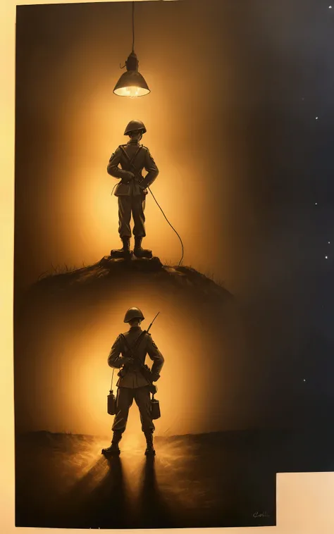  A sad sketch-style picture"from the spot ",  lamp depicting a WWII soldier ,  holding a , Lighting Room