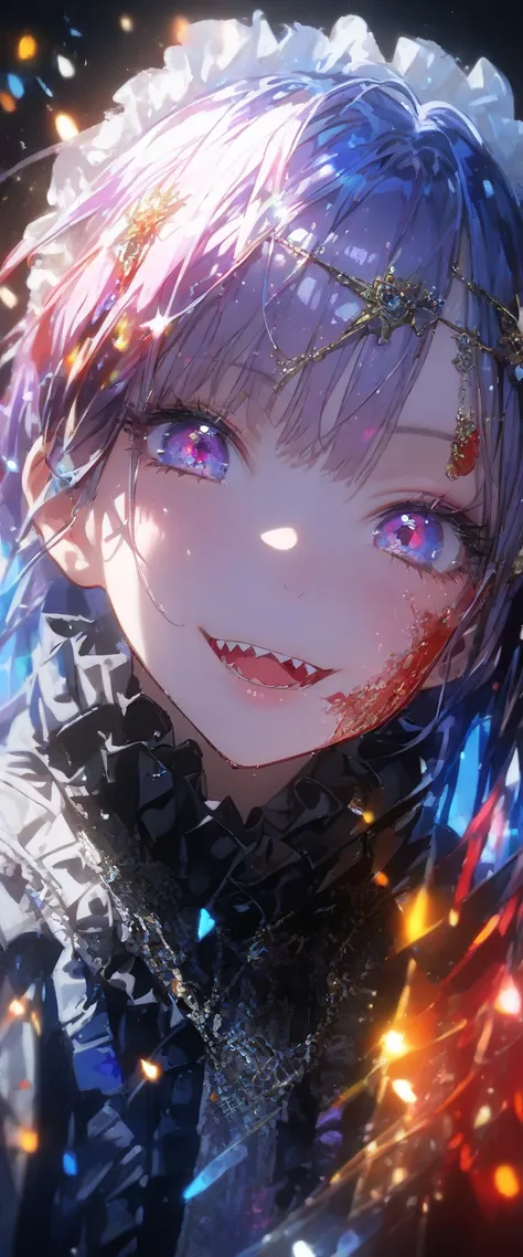 woman((Blood:1.2),,青whiteい肌,( evil smile:1.3), mouth,Sharp teeth,hair(black, ponytail, Details, shiny), hair clip(black),Clothes(,black,white, Lolita Fashion ), skirt(black,short),Tea Belt,Corner of the eye(light blue),(Narrow eyes(grey):0.8),とてもcuteポーズ,ch...