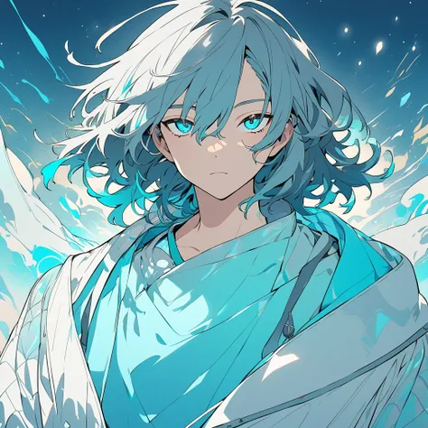  A male character with medium hair of a vibrant shade of cyan , slightly messy, but with a natural style .  Your eyes have the same cyan shade ,  shining brightly ,  as if reflecting an internal light .  Your skin is clear and slightly illuminated ,  highl...