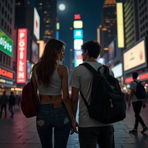 SFW, 
 quality:
(((masterpiece, high quality 16K, 32K))), (8k, HD,  ultra-hyperrealistic : 1.9).

Scene:
 Big City . Brother and sister stand in front of a club entrance in Manhatten ,  dynamic city at night

Subject :
Siblings,  21 year old sister with 18...