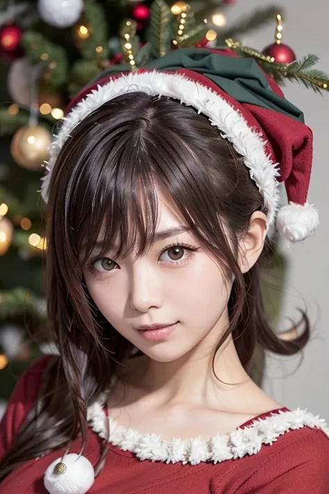 A Japanese model in a bright red Santa cosplay poses for a photo shoot、Bright red outfit、Santa Dress,  looking at camera、Detailed and beautiful eyes、 cute smile、 soft and gentle expression 、 Christmas tree in the background 