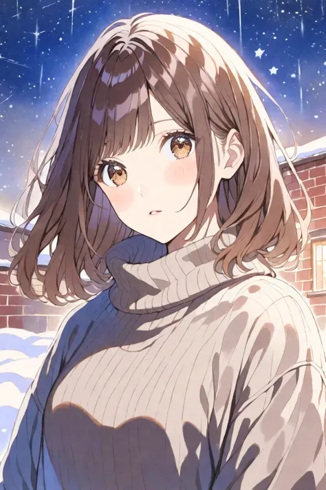 (Alone), (1 Female),(watercolor), (cute),(sexy),(brown hair ),  (straight hair),(Bob hair),(brown eyes), (a dirty look),( Stylish),(knit casual dress), (),(Oversized knit),(Face up), (glossy hair), (starry sky),(snow ),( jacket),(Xmas),(a brick house)