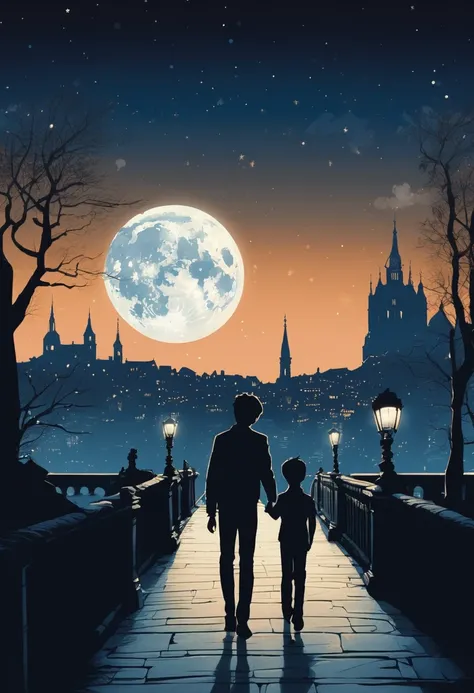  The image shows two figures a silhouette of a boy and another of one walking hand in hand along a bridge at night,  with a city illuminated in the background and a large full moon in the sky .  The scene is romantic and peaceful ,  evoking a sense of calm...