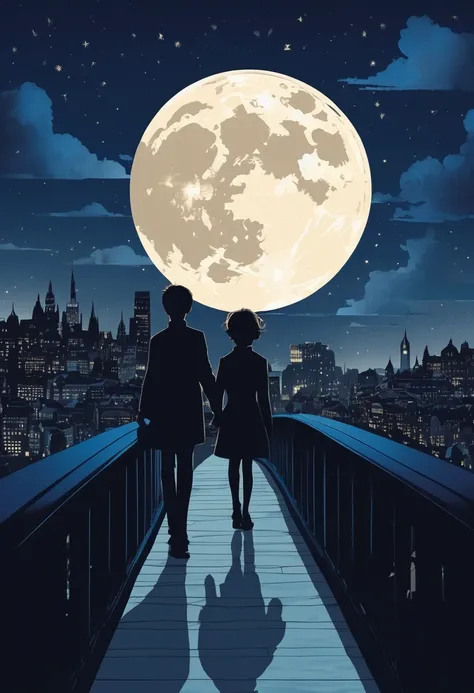  The image shows two figures a silhouette of a boy and another of one walking hand in hand along a bridge at night,  with a city illuminated in the background and a large full moon in the sky .  The scene is romantic and peaceful ,  evoking a sense of calm...