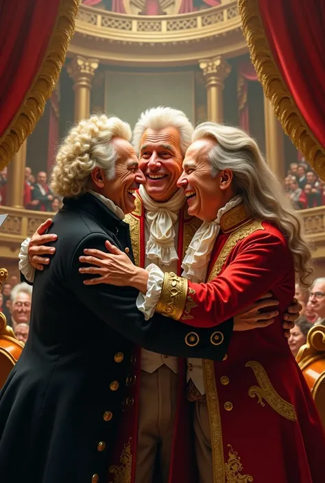 bach , Handel and Vivaldi ,  with their faces the closest resembling their classic paintings ,  embracing and smiling on a baroque musical stage with instruments