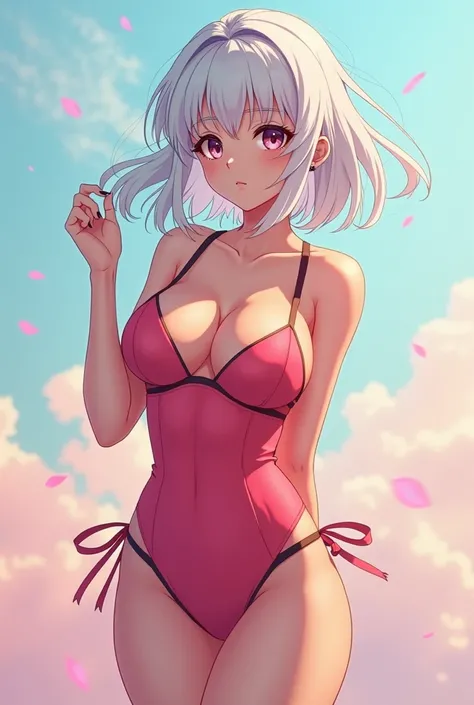 A girl in her 20s with shoulder-length white hair with a voluptuous body in an anime-style swimsuit 