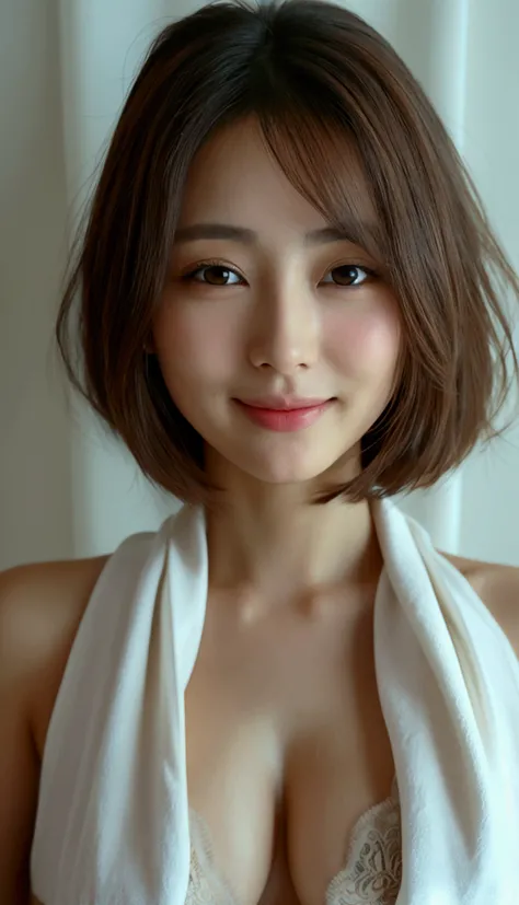 Forehead fully exposed、  bob cut、 Realistic Pictures、 realistic skin、Professional photography、 Japanese woman holding breasts、How to expose the skin 、summer、   face and chest close-up to show skin  、 realistic pictures、   real skin 、 Max image  、 Japanese ...