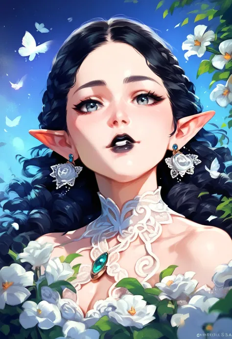 young elf girl, pale, very short and curly black hair, black lipstick, white (or gray) eyes, cute ethereal white lace dress, she is usually in a foggy cemetery that has white flowers around, dynamic pose