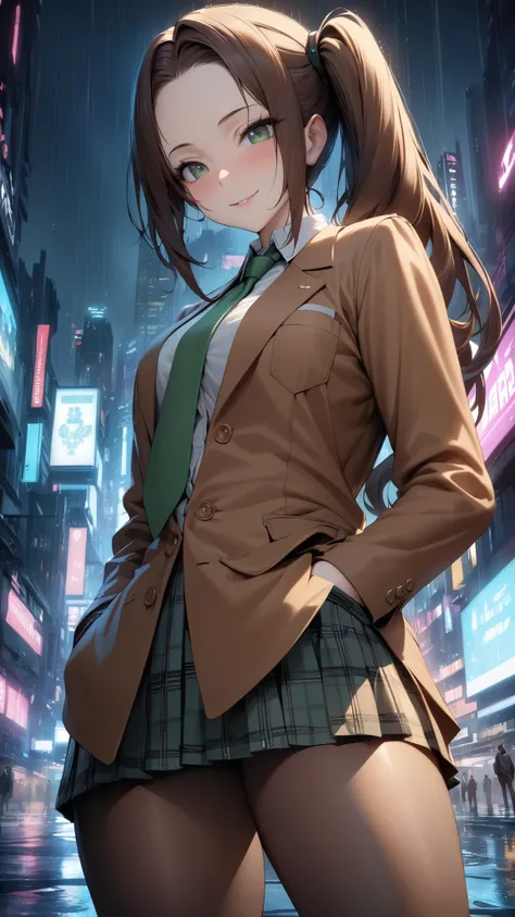 nsfw, masterpiece, best quality,amazing quality, semi-realistic detailed CG, ultra-detailed,Sharp Focus, high contrast, 1girl, detailed green eyes, slightly smile, detailed semi-long hair, dark brown silky hair,  forehead, sliced back hair, side ponytail, ...