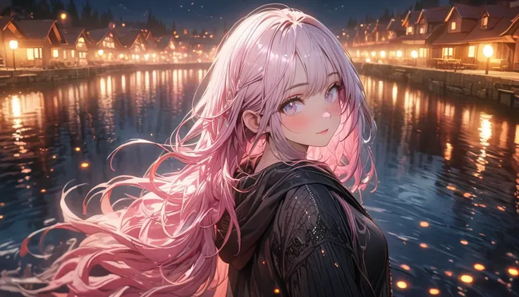 8k, old girl alone， extremely delicate and beautiful , beautiful and realistic skin , long shiny colored hair, Pink Hair , beautiful eyes ,black hoodie , A town with a beautiful night lake , symmetrical 