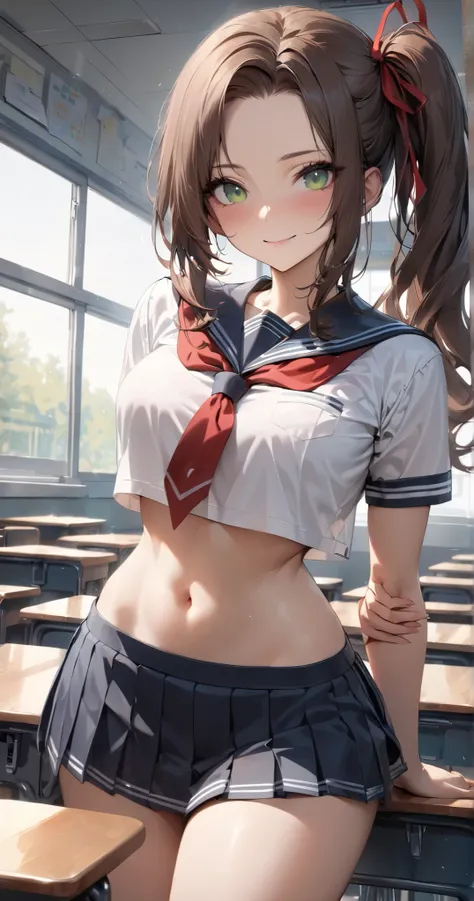 masterpiece, best quality,amazing quality, semi-realistic detailed CG, ultra-detailed, Sharp Focus, 1girl, JK, detailed face, detailed green eyes, slightly smile, detailed semi-long hair, dark brown silky hair, forehead, sliced back hair, side ponytail, co...