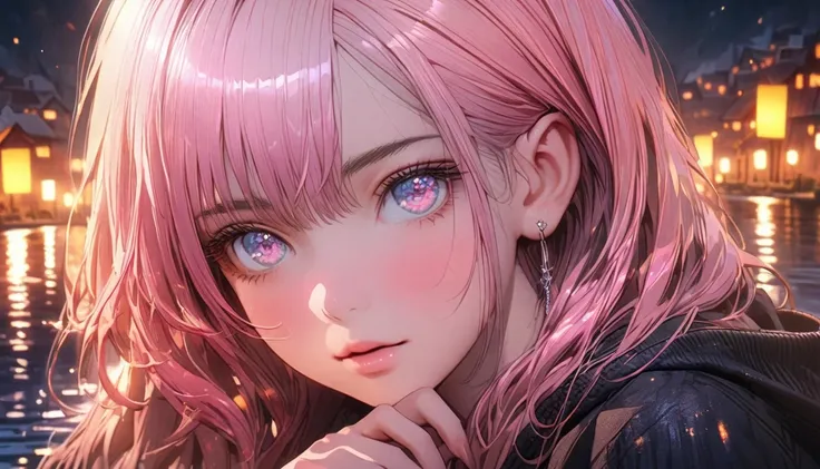 8k, old girl alone， extremely delicate and beautiful , beautiful and realistic skin , long shiny colored hair, Pink Hair , beautiful eyes ,black hoodie , A town with a beautiful night lake , symmetrical 