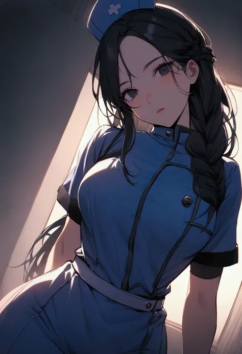 human girl (nurse wearing a nurse blue scrubs black long hair in a braid and black eyes)