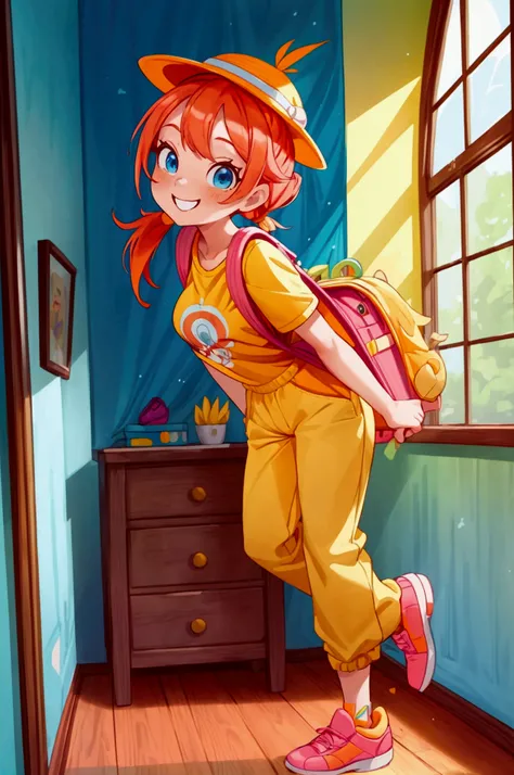 (masterpiece, best quality) standing, indoor, intricate detail, sunlight, yellow t-shirt, orange long pant, pink shoes, blue backpack, yellow hat, red hair, two ponytails, blue eyes, smiling and sexy expression, sexy pose, coquette, gorgeous legs, mature t...