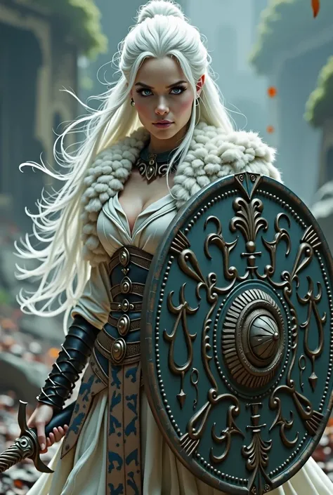 beautiful sexy white skinned girl holding a sword and shield with Akang Jhons written on it