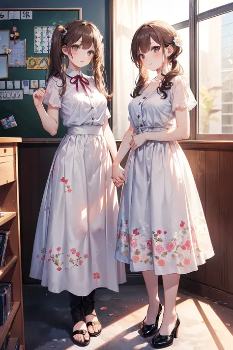 4K、woman、 3 parents and ren 、   short 、  small breasts, curled twin tails holding hands 、 realistic 、  skinny、(( matching floral long skirt))、((  Kind Face )), stockings、 brown hair、 Full Body Wide Angle Shot   、(((Mother and  twin girls ,Kindergarten ）))