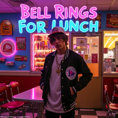 The image features a dynamic and energetic setting, reminiscent of a high school cafeteria. The foreground showcases a young male rapper, dressed in a mix of pop-punk and hip-hop clothing, with a confident and angsty expression. He stands in front of a Tac...