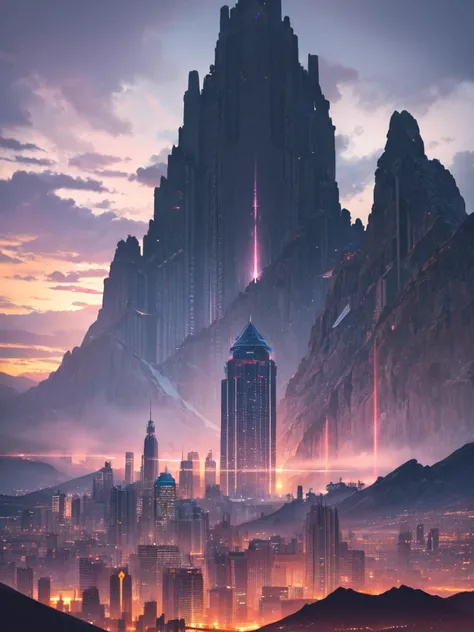 Mountain at dusk,  against the backdrop of a futuristic city floating in the desert, Low clouds cover the mountains,  realistic +Highly intricate details, Colorful clothes, whole body, 16k.